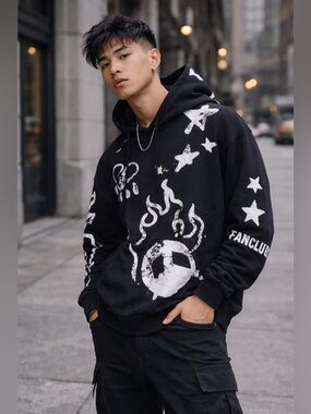 PacSun Black Graphic Streetwear Hoodie Size Medium Abstract Print Pullover